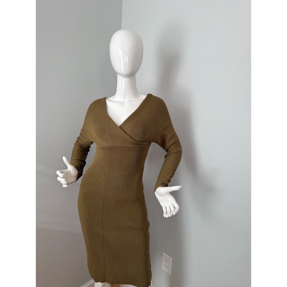 Commense Ribbed Knit Midi Dress Long Sleeve V Neck Olive Career Casual‎ size XS - Picture 10 of 14